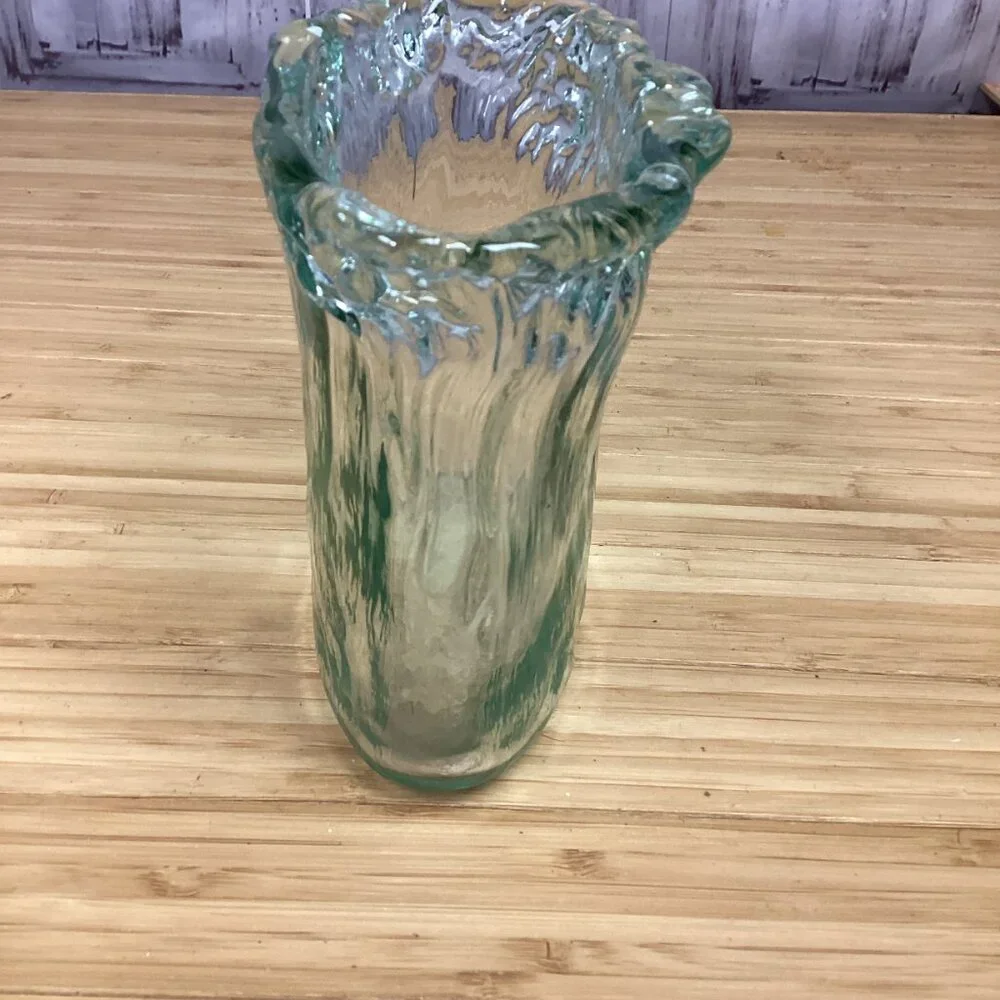 Hand Blown Glass Vase Green Tint Waves Ice